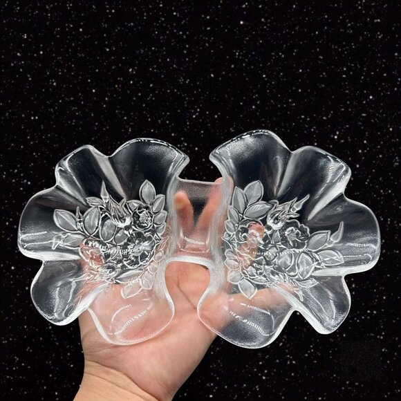 MIKASA Rosella 2 Part Relish Dish Frosted Hybiscuflowers Divided Dish Clear - Picture 1 of 14
